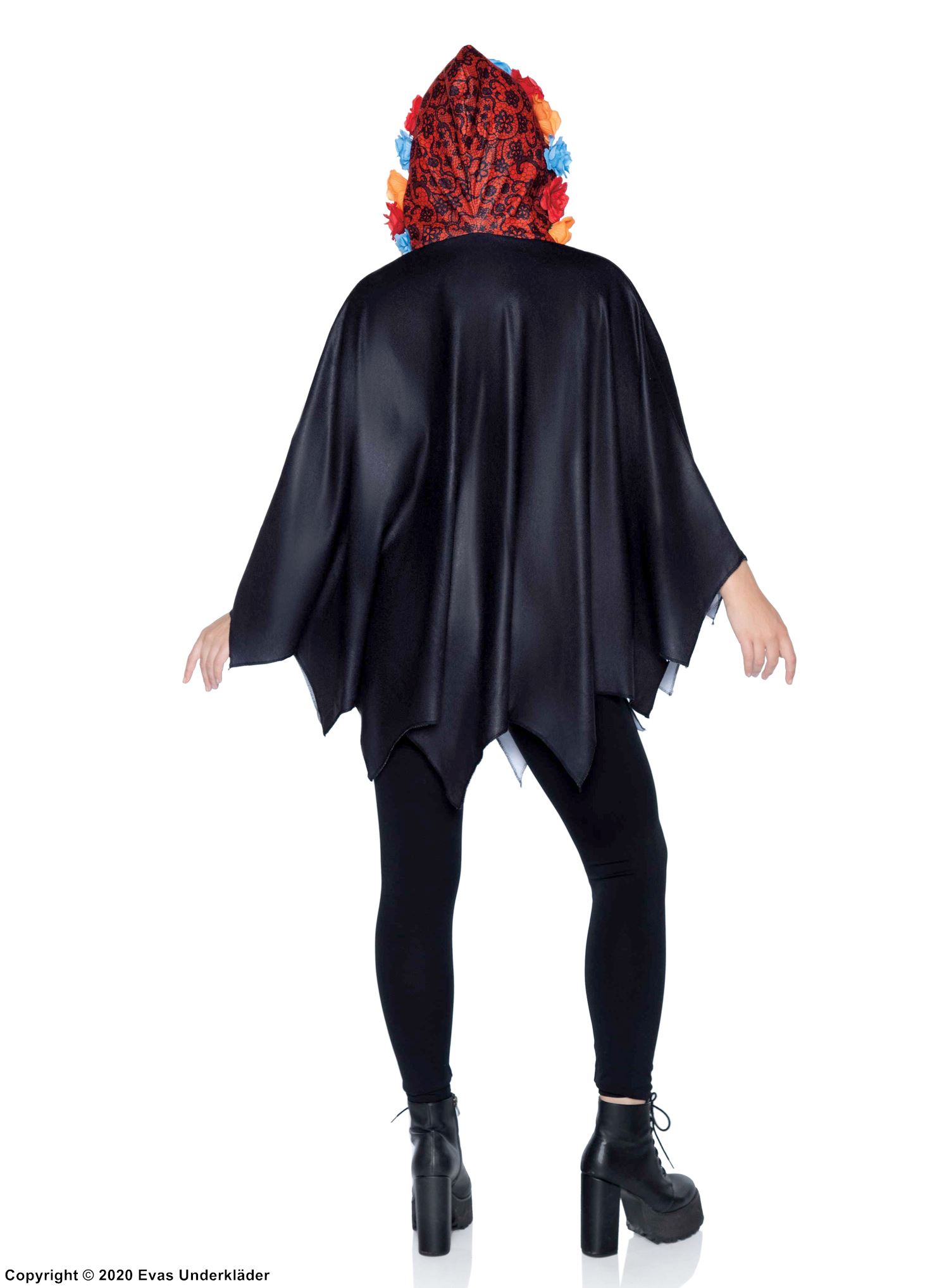 Day of the Dead (woman), costume poncho, hood, flowers, skeleton